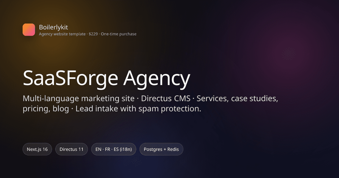 SaaSForge Agency: Next.js agency site with Directus CMS (EN, FR, ES) preview
